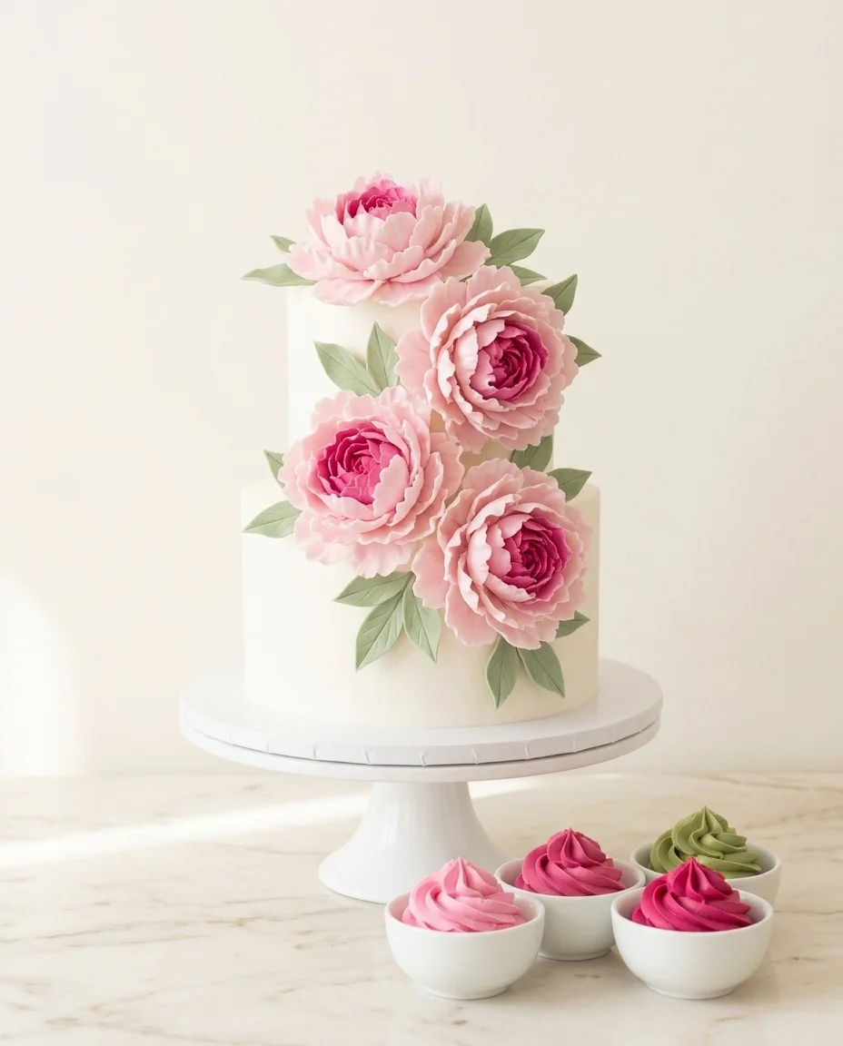 Pastel decorado con peonías de crema, paleta Peonías