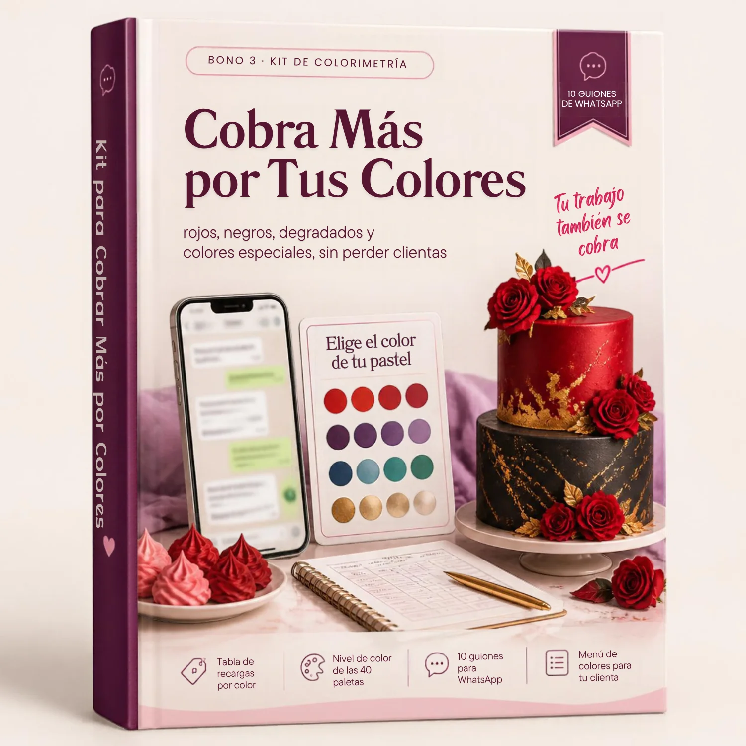 Portada del bono 3: Kit para Cobrar Más por Rojos, Negros, Degradados y Colores Especiales, con un teléfono mostrando WhatsApp
