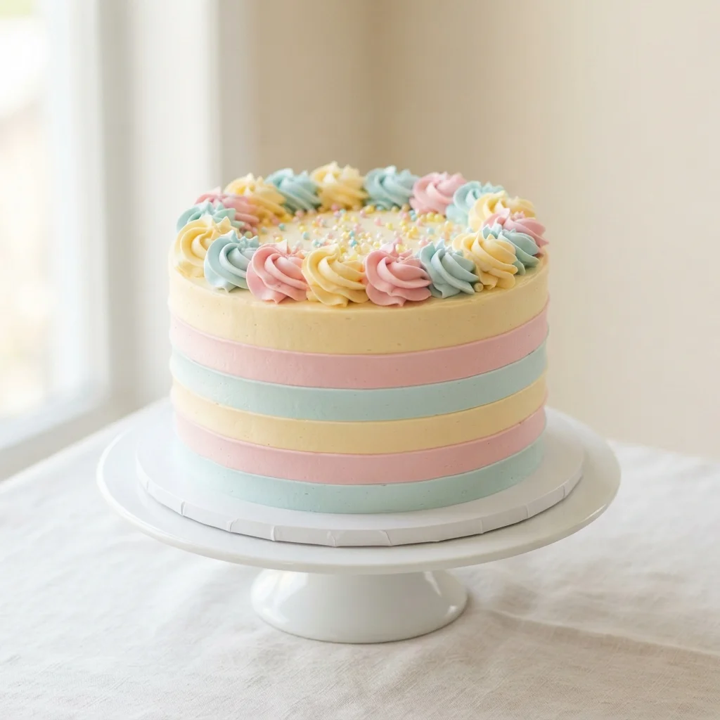 Pastel con franjas horizontales en amarillo, rosa y azul pastel, paleta Arcoíris Pastel