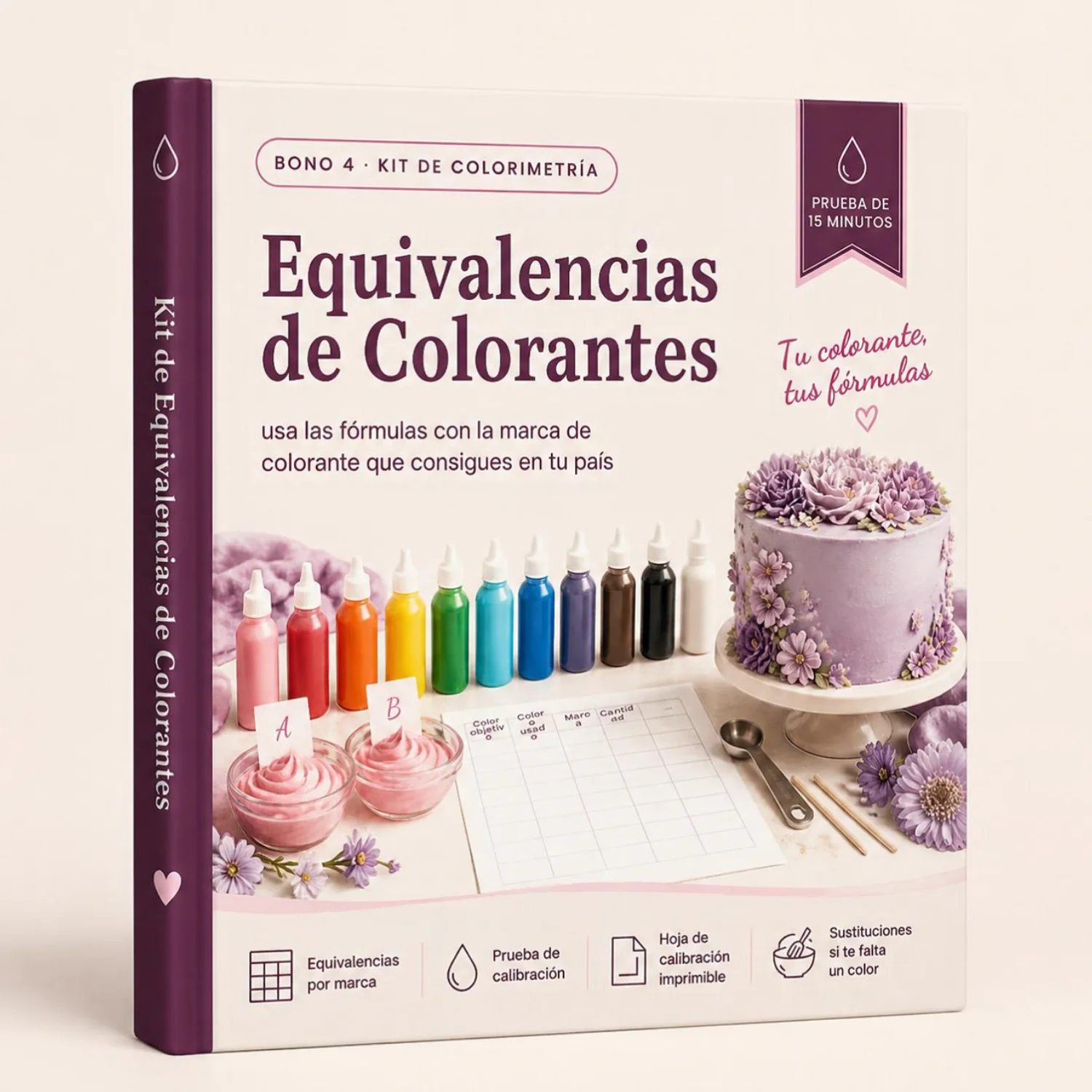 Portada del bono 4: Kit de Equivalencias de Colorantes, con botellas de colorante y una tabla de calibración
