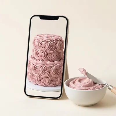 Teléfono con la foto de un pastel rosa junto a un tazón con crema del mismo tono