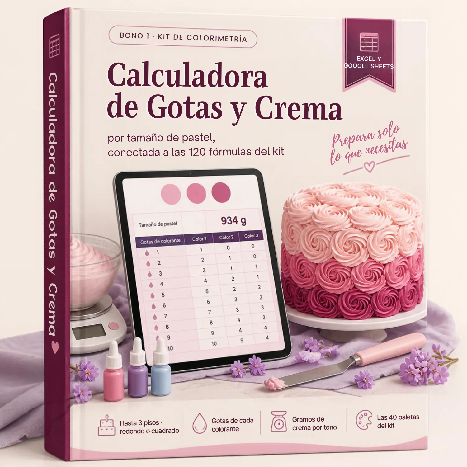 Portada del bono 1: Calculadora de Gotas y Crema por Tamaño de Pastel, con una tablet mostrando la tabla de dosificación