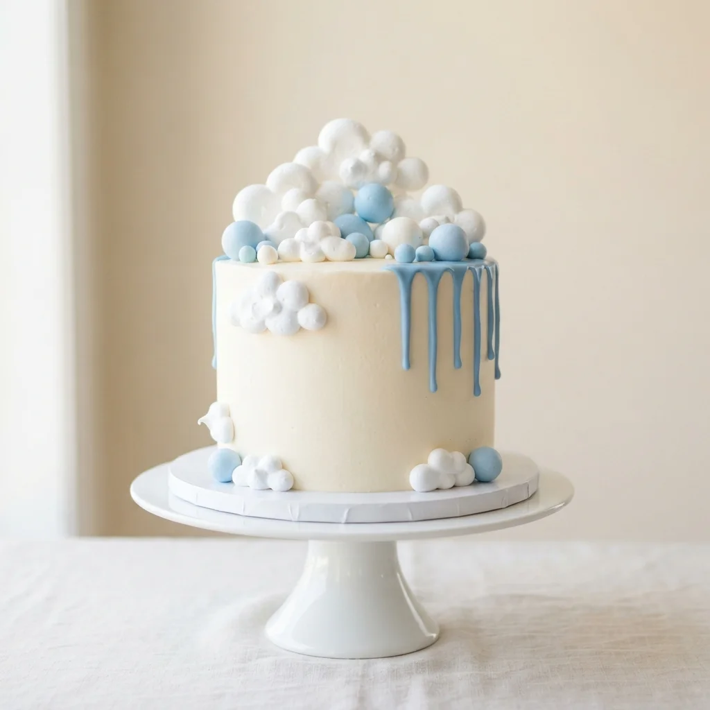 Pastel con nubes de merengue, esferas y goteo en azul cielo y blanco, paleta Cielo de Bebé