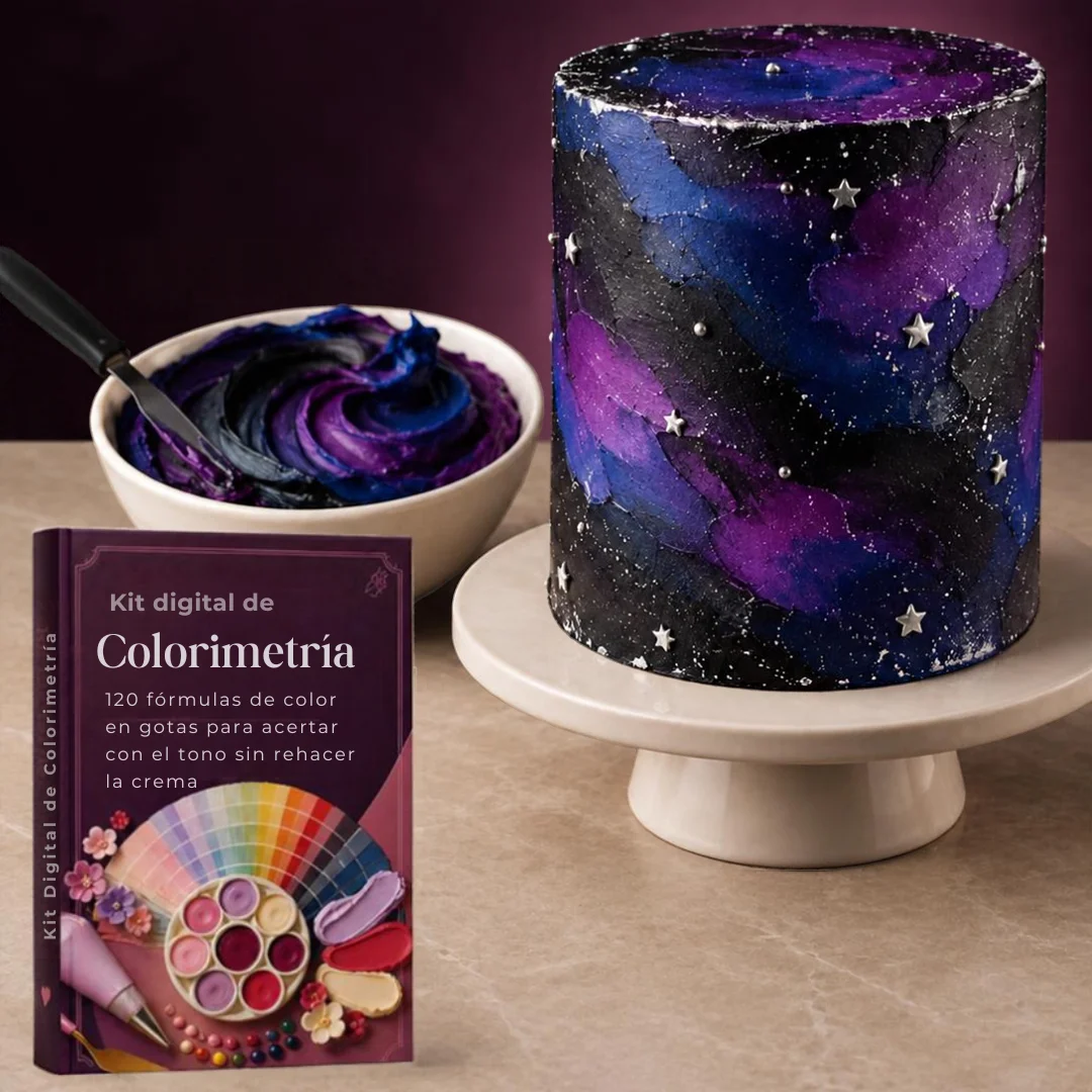 Portada del kit: libro, tablet con la lista de fórmulas, teléfono y una pastelera mezclando crema