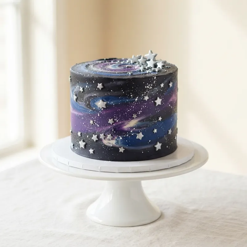 Pastel con efecto galaxia en morado, azul y negro, paleta Galaxy Clásico
