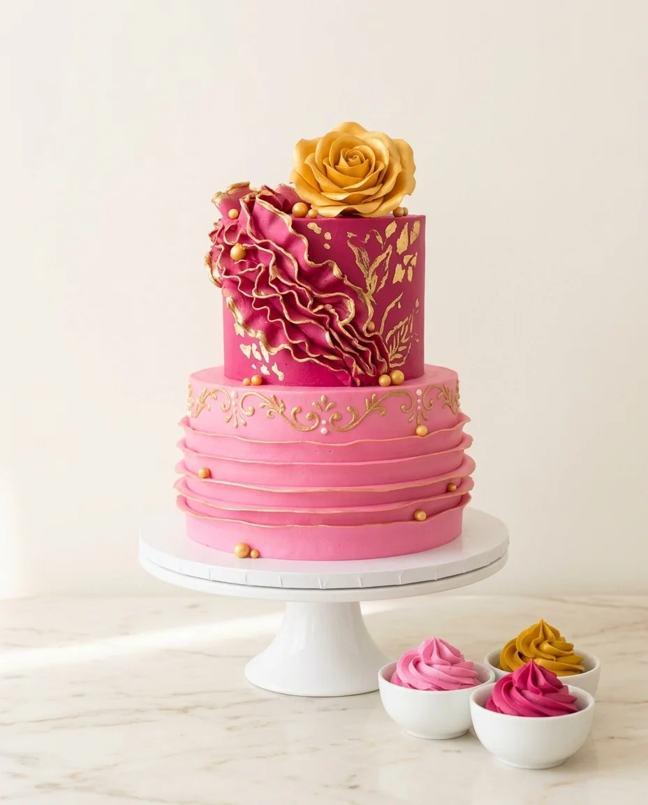Pastel decorado con la paleta Fucsia y Oro
