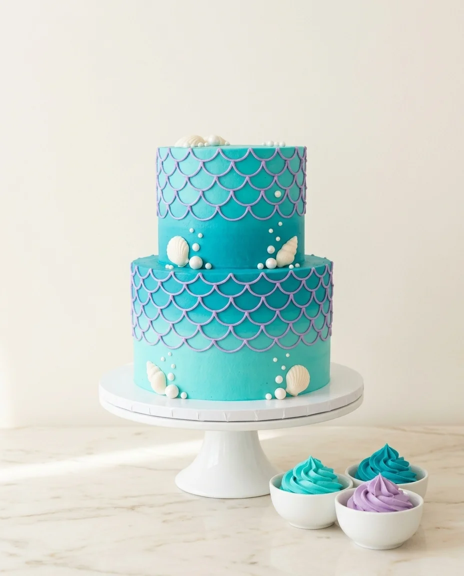 Pastel decorado con la paleta Sirena en tonos aqua, lila y rosa