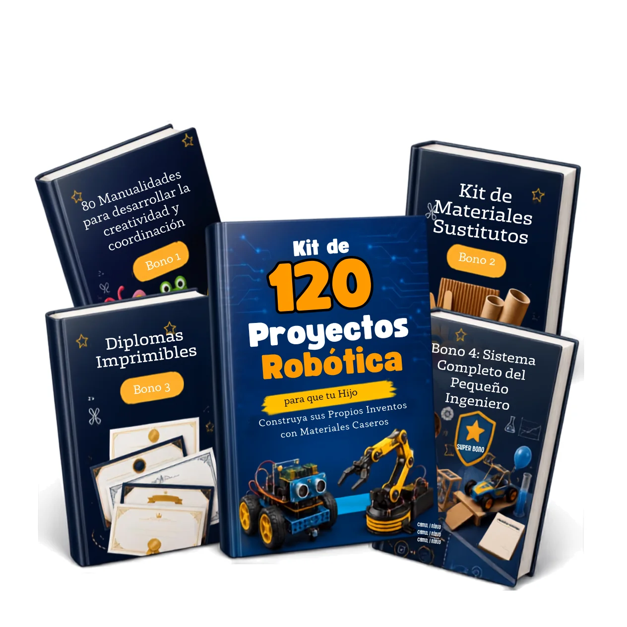 Mockup del kit digital de 120 inventos de robótica casera junto a los 4 bonos incluidos