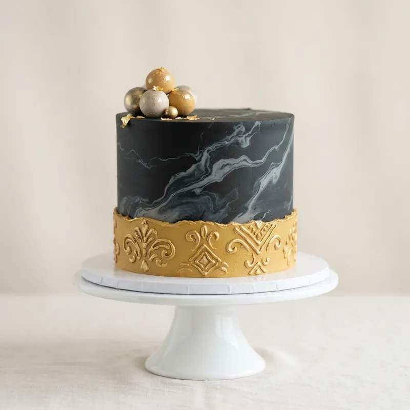 Pastel negro elegante con detalles decorativos, paleta Negro Elegante