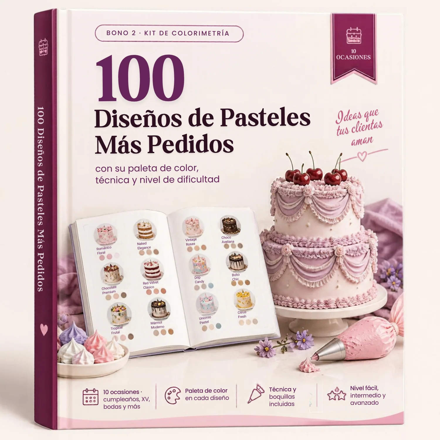 Portada del bono 2: 100 Diseños de Pasteles Más Pedidos con su Paleta, con un catálogo ilustrado de pasteles