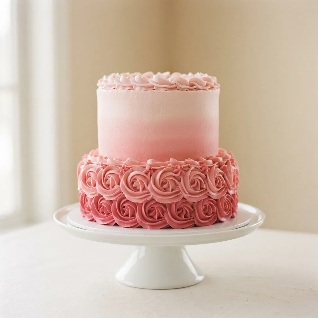 Pastel de dos pisos con rosetones de crema en degradado rosa, paleta Rosa Algodón