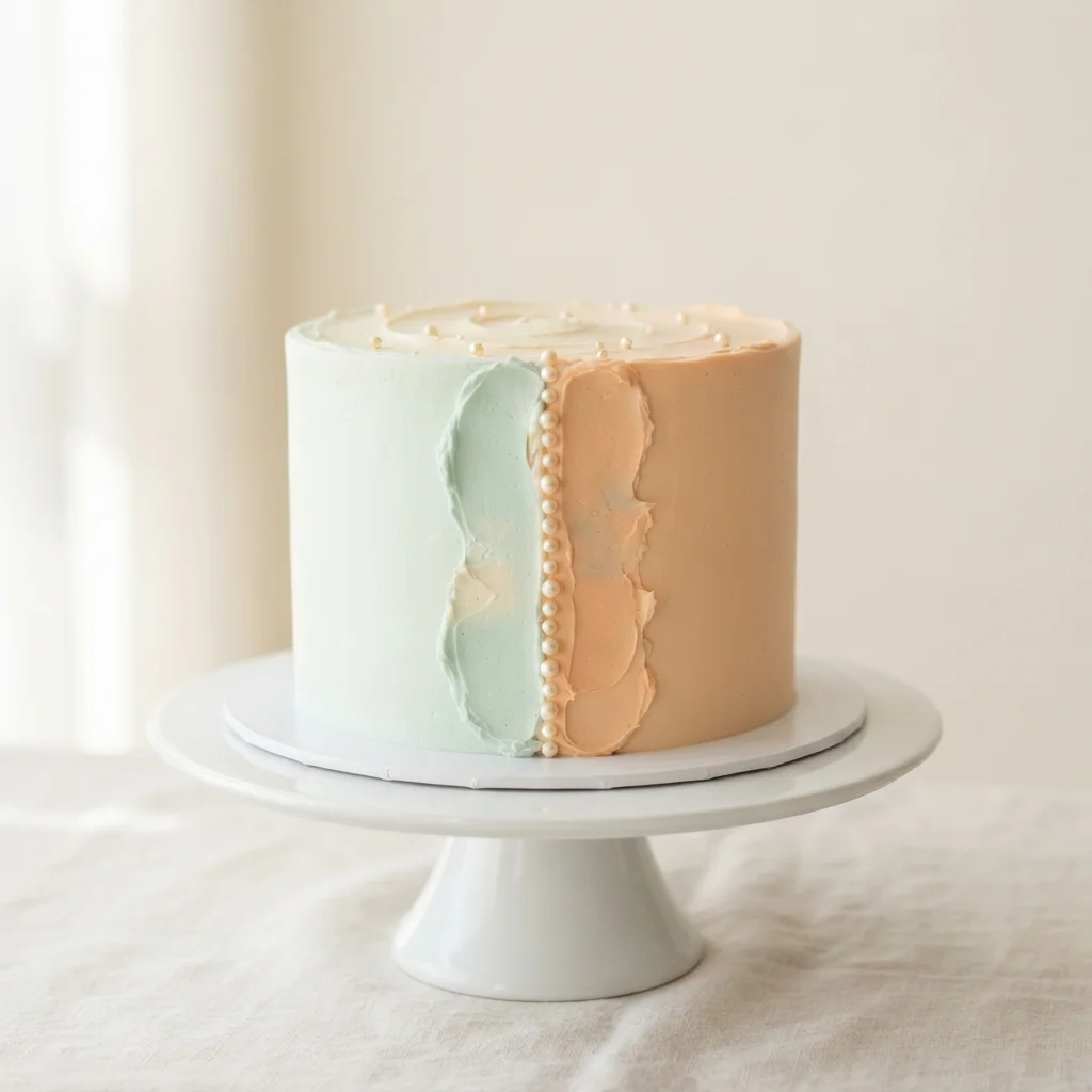 Pastel dividido en verde menta y durazno pastel con perlas, paleta Menta y Durazno