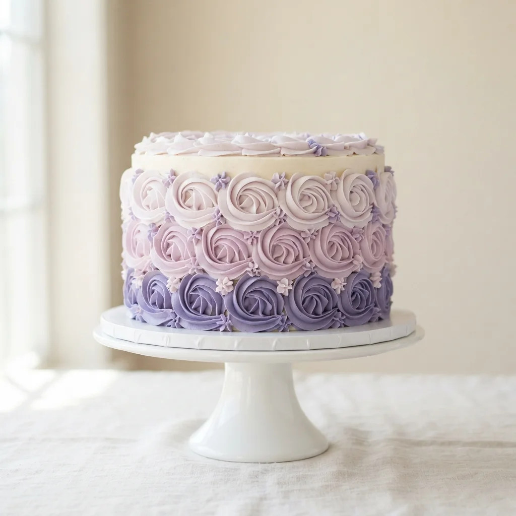 Pastel cubierto de rosetones de crema en degradado lavanda, paleta Lavanda Suave